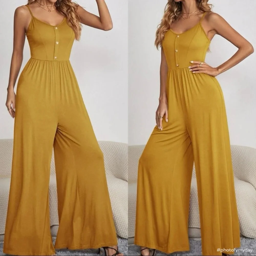 Boho button detail spaghetti straps Wide Leg jumpsuit GREEN - Picture 4 of 15